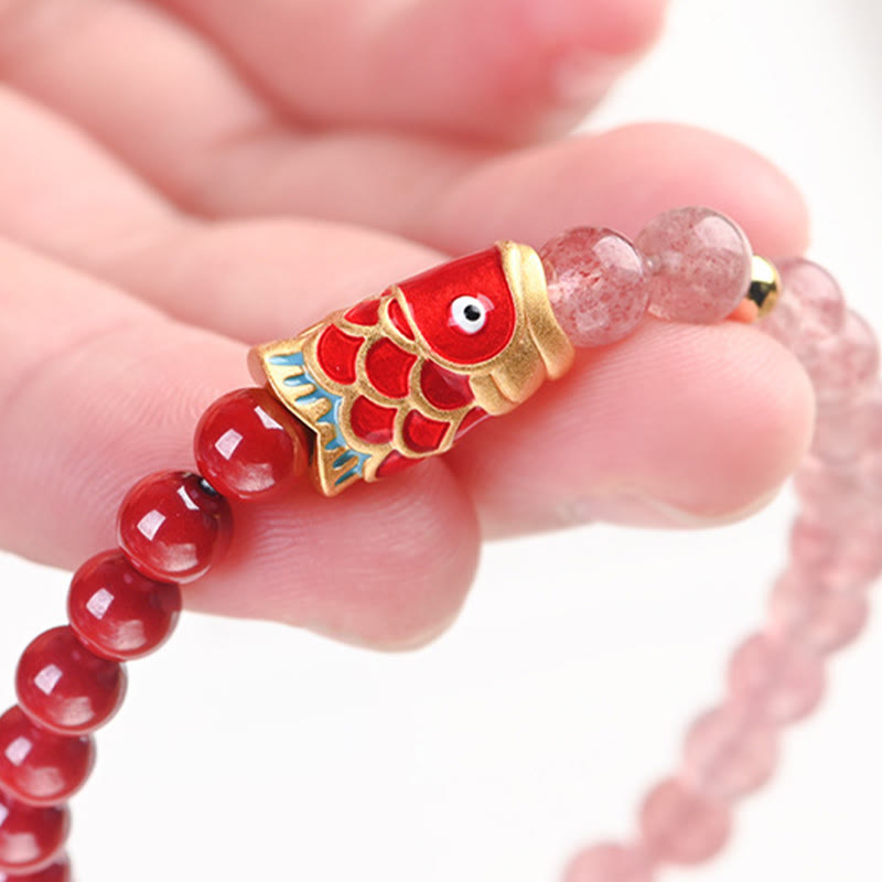 KarmaRipple's Authentic Strawberry Quartz Cinnabar Fortunate Koi Fish Balancing Bracelet p9