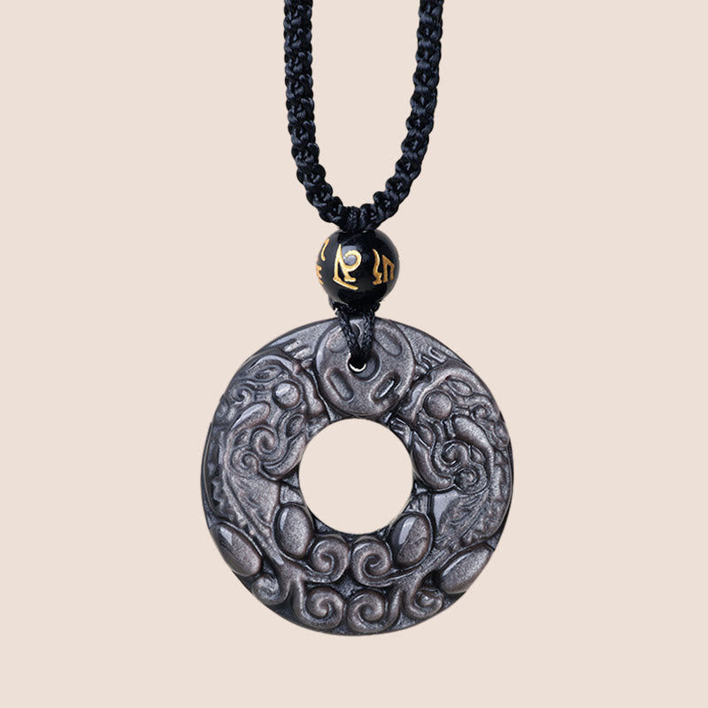 KarmaRipple's Authentic Silver Sheen Obsidian Double PiXiu Bronze Coin Peace Buckle Protection Pendant Necklace p3