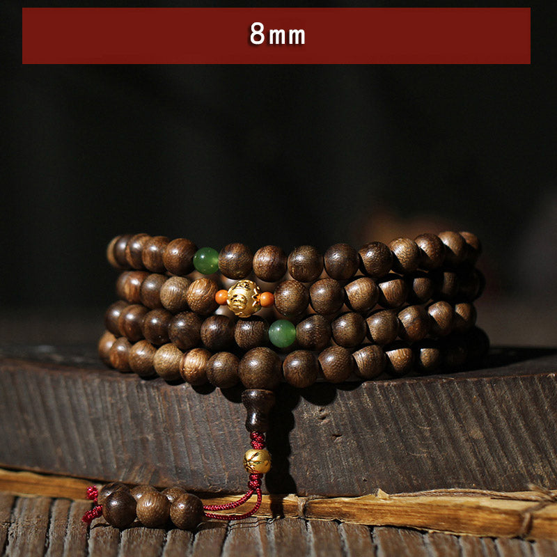 KarmaRipple's 999 Gold 108 Mala Beadwork Kalimantan Agarwood Cyan Jade Six True Words Strength Bracelet p22