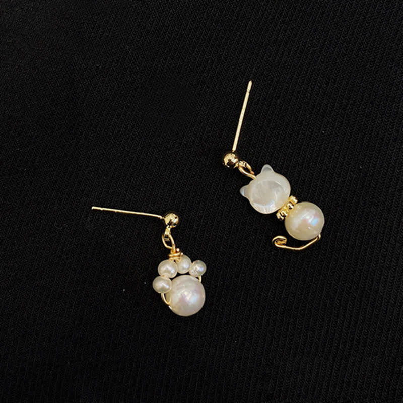 KarmaRipple's Cute Cat Paw Pearl Wisdom Stud Drop Earrings p10