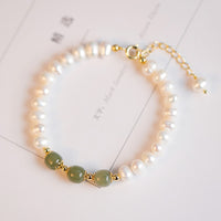 KarmaRipple's 14K Gold Plated Authentic Pearl Hetian Cyan Jade Ivory Jade Sincerity Bead Chain Bracelet