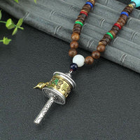 KarmaRipple's Tibetan Om Mani Padme Hum Prayer Wheel Rotation Vajra Wood Pendant Necklace