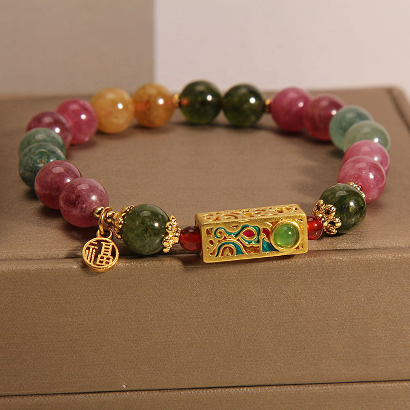 KarmaRipple's Colorful Tourmaline Positive Fu Character Talisman Bracelet p9