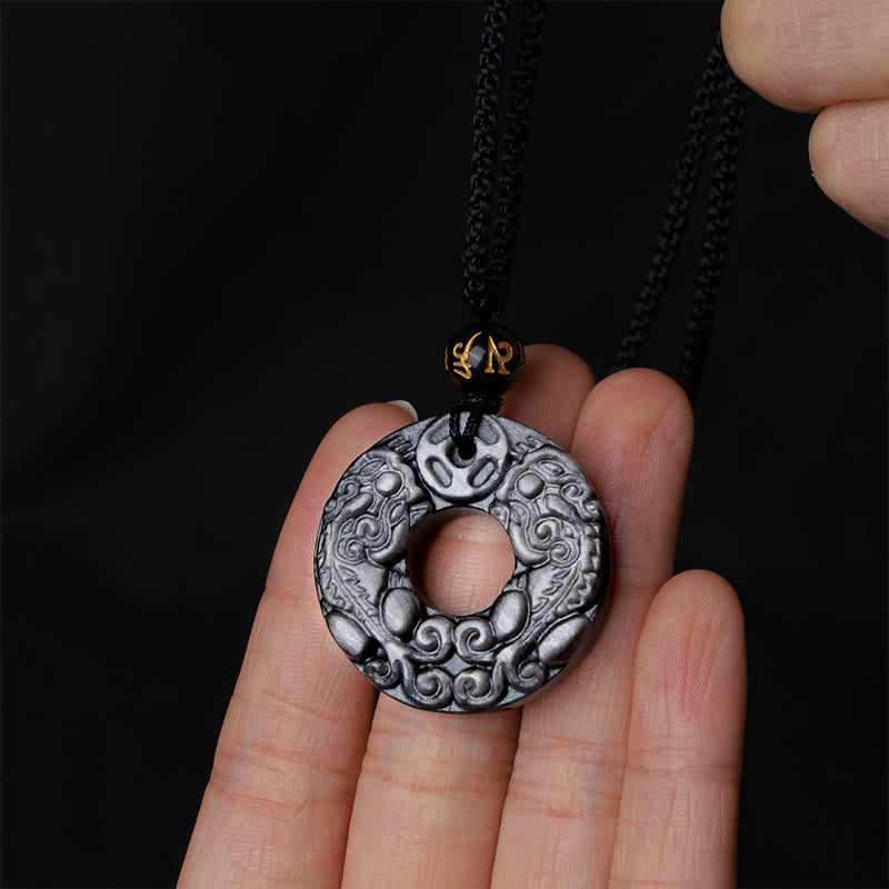 KarmaRipple's Authentic Silver Sheen Obsidian Double PiXiu Bronze Coin Peace Buckle Protection Pendant Necklace p5