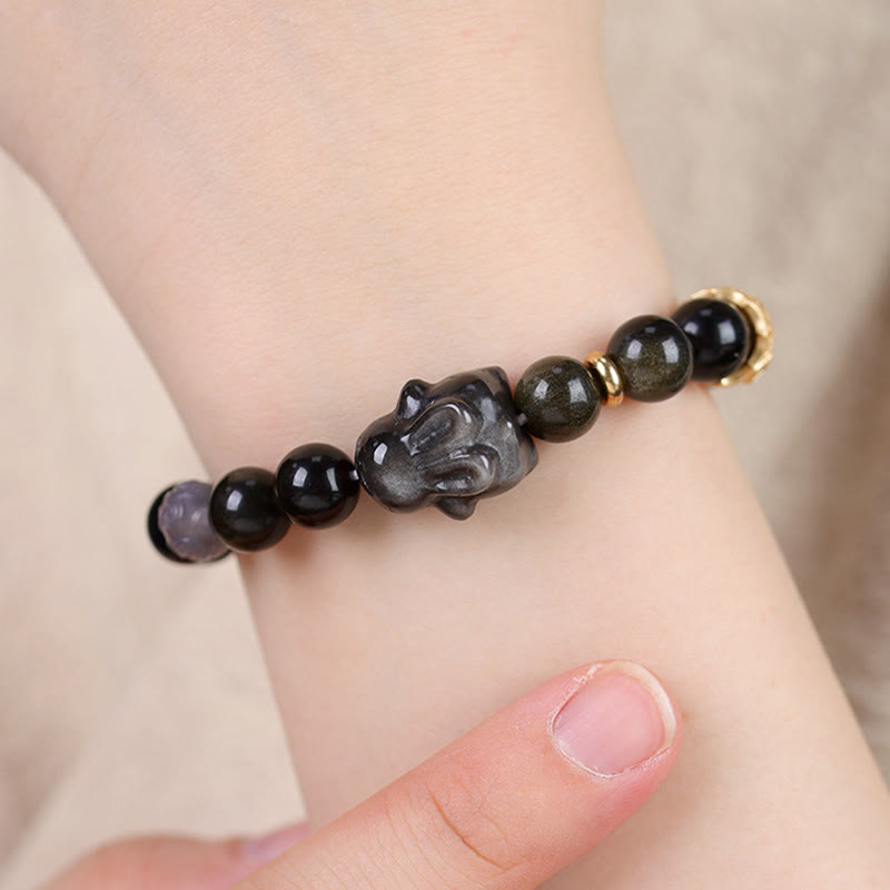 KarmaRipple's Gold Sheen Obsidian Black Obsidian Silver Sheen Obsidian Cute Rabbit Protection Bracelet p13