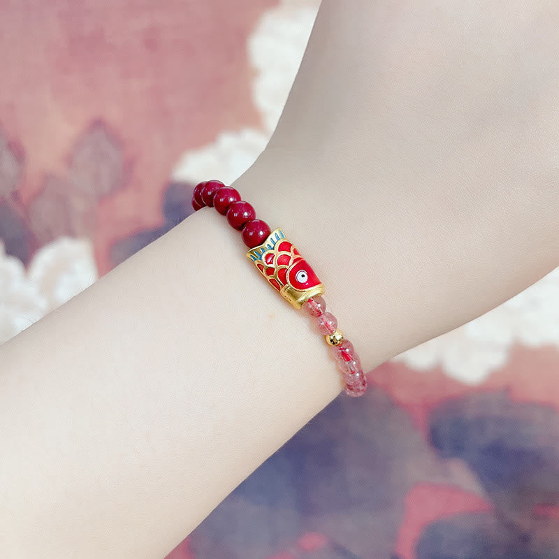 KarmaRipple's Authentic Strawberry Quartz Cinnabar Fortunate Koi Fish Balancing Bracelet p14