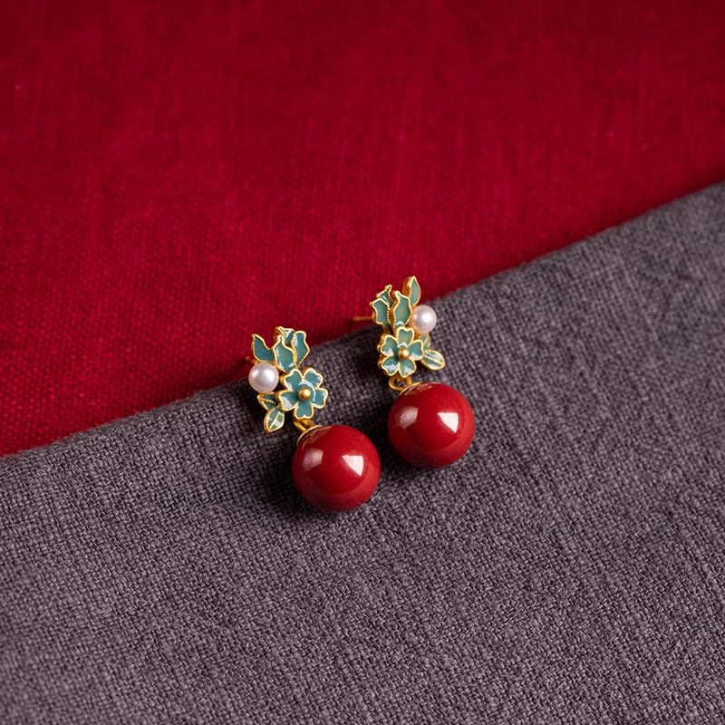 KarmaRipple's 925 Sterling Silver Plated Gold Cinnabar Pearl Flower Blessing Pendant Necklace Earrings Ring Set p21