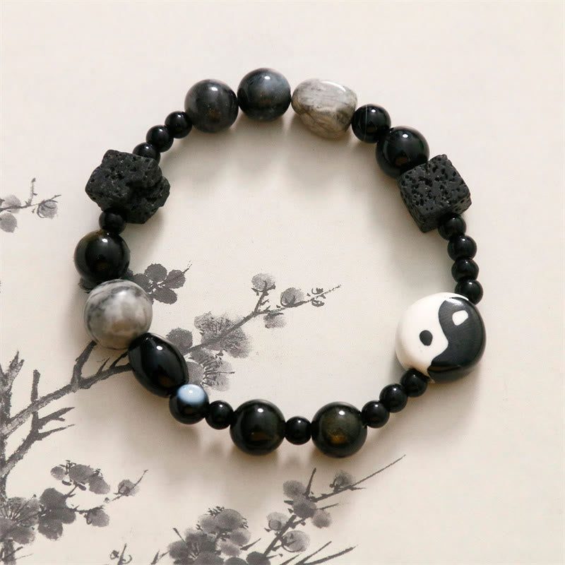 KarmaRipple's Black Onyx Picasso Jasper Bead Yin Yang Fortune Protection Bracelet p20