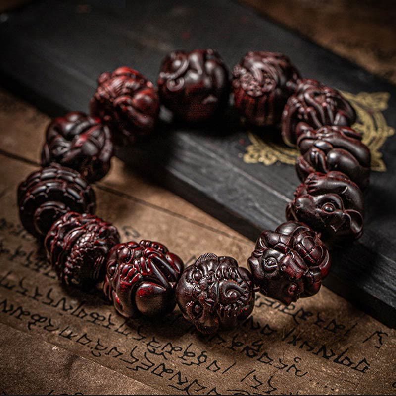 KarmaRipple's Chinese Zodiac Engraved Small Leaf Red Sandalwood Protection Bracelet p2