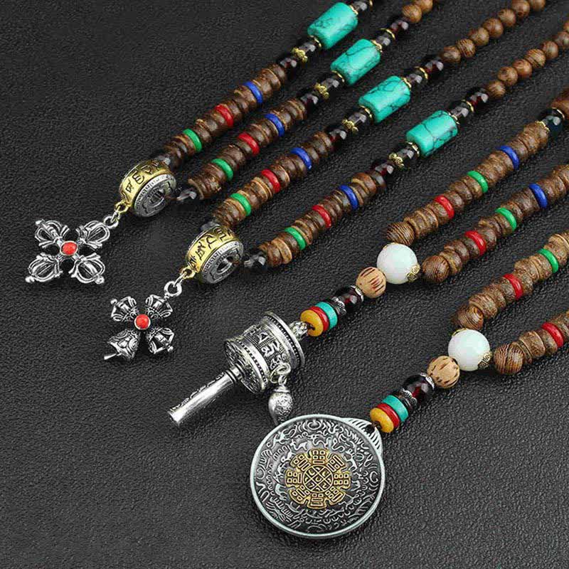 KarmaRipple's Tibetan Om Mani Padme Hum Prayer Wheel Rotation Vajra Wood Pendant Necklace p23