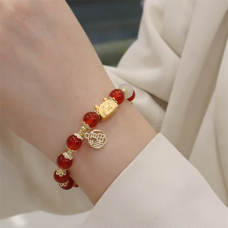 KarmaRipple's Year Of The Dragon Red Agate Strawberry Quartz Black Obsidian Jade Garnet Pearl Cinnabar Dumpling Dragon Fortune Fu Character Bracelet p11