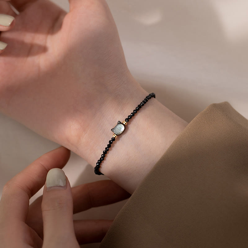 KarmaRipple's 14K Gold Plated Black Spinel Ivory Gemstone Cute Cat Tridacna Stone Balancing Bracelet p7