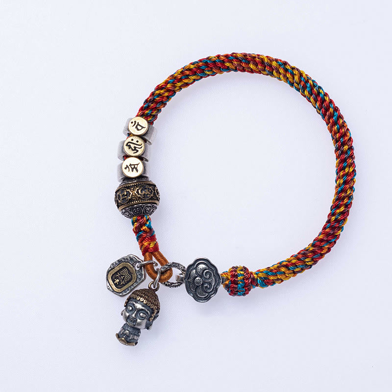 KarmaRipple's Handmade Tibetan 925 Sterling Silver Chinese Zodiac Natal Buddha Zakiram Goddess of Wealth Protection Multicolored Rope Woven Bracelet p24