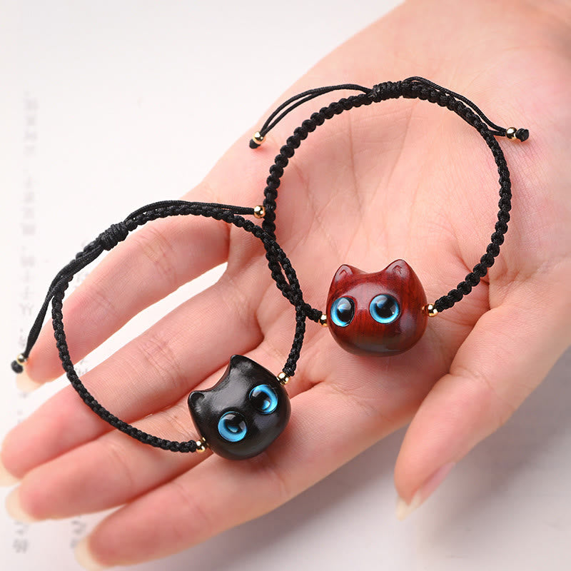 KarmaRipple's Small Leaf Red Sandalwood Ebony Wood Cute Cat Head Calm Protection Woven Bracelet p3
