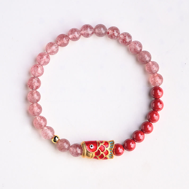 KarmaRipple's Authentic Strawberry Quartz Cinnabar Fortunate Koi Fish Balancing Bracelet p18