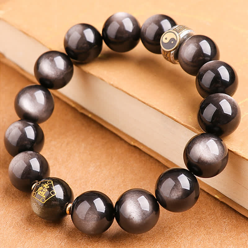 KarmaRipple's 925 Sterling Silver Black Obsidian Gold Sheen Obsidian Silver Sheen Obsidian Yin Yang Protection Bracelet p15