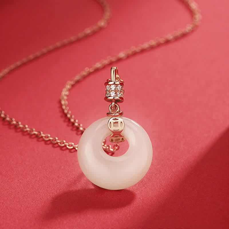 KarmaRipple's 925 Sterling Silver Hetian Ivory Jade Coin Flower Peace Buckle Fortune Pendant Necklace p2