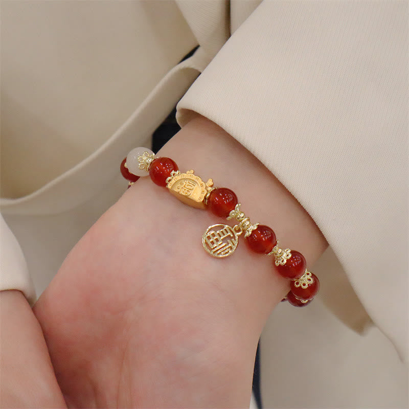 KarmaRipple's Year Of The Dragon Red Agate Strawberry Quartz Black Obsidian Jade Garnet Pearl Cinnabar Dumpling Dragon Fortune Fu Character Bracelet p13