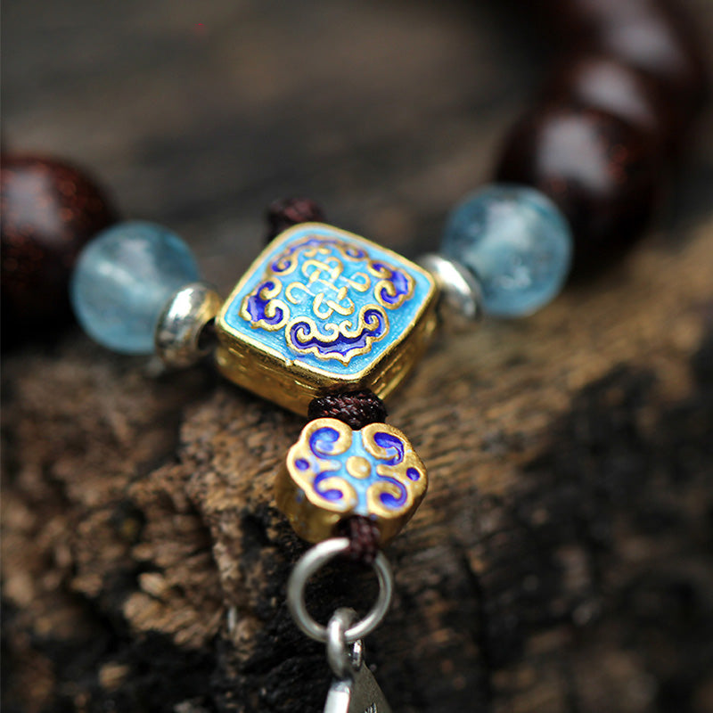 KarmaRipple's 925 Sterling Silver Indian Small Leaf Red Sandalwood Aquamarine Full of Gold Star Chinese Knotting Blessing Bracelet p17