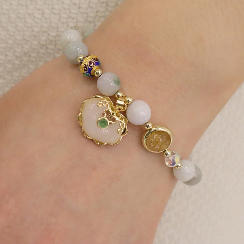 KarmaRipple's Strawberry Quartz Green Gemstone Amethyst Balancing Chinese Lock Talisman Bracelet p15