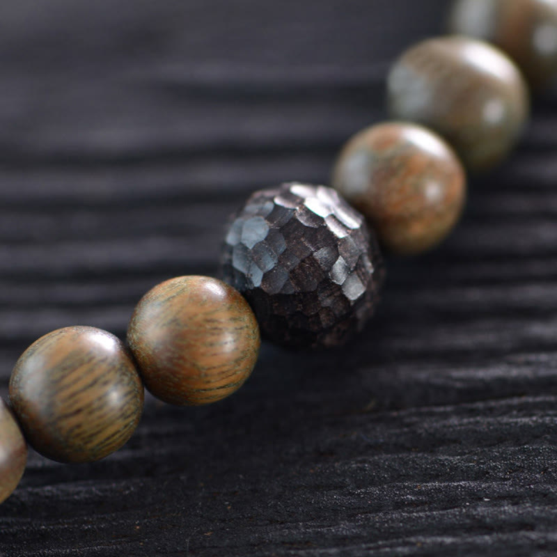 KarmaRipple's Tibetan Green Sandalwood Ebony Wood Three-eyed Dzi Bead Fu Character Balance Peace Double Wrap Bracelet p11