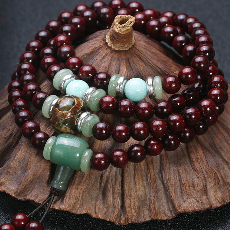 KarmaRipple's 108 Beadwork Small Leaf Red Sandalwood Green Aventurine Amazonite Fortune Balancing Bracelet Mala p9