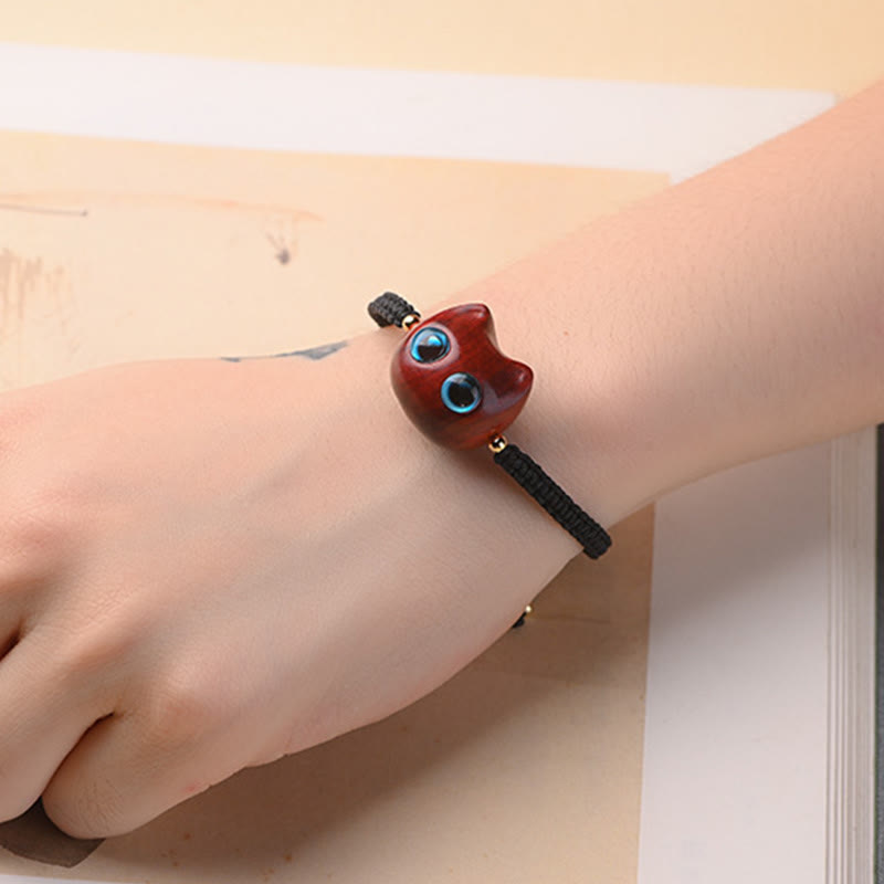 KarmaRipple's Small Leaf Red Sandalwood Ebony Wood Cute Cat Head Calm Protection Woven Bracelet p7