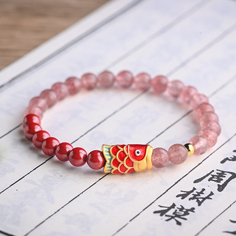 KarmaRipple's Authentic Strawberry Quartz Cinnabar Fortunate Koi Fish Balancing Bracelet p17