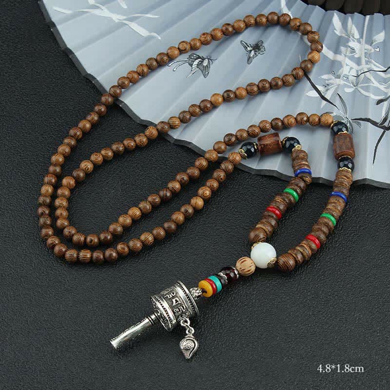 KarmaRipple's Tibetan Om Mani Padme Hum Prayer Wheel Rotation Vajra Wood Pendant Necklace p33