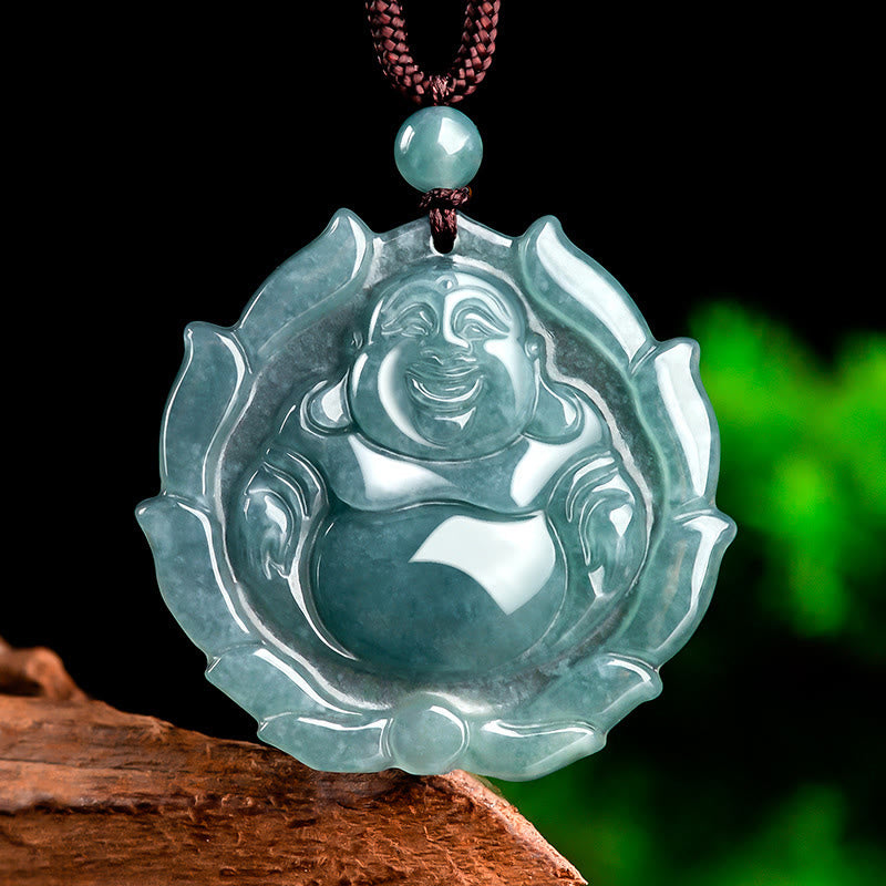 KarmaRipple's Authentic Jade Laughing Buddha Lotus Pattern Fortune Pendant Necklace p12