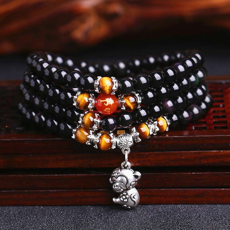 KarmaRipple's Chinese Zodiac 108 Beadwork Black Obsidian Tiger Eye Fortune Mala Bracelet p24