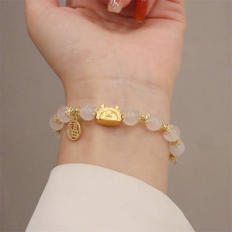 KarmaRipple's Year Of The Dragon Red Agate Strawberry Quartz Black Obsidian Jade Garnet Pearl Cinnabar Dumpling Dragon Fortune Fu Character Bracelet p15
