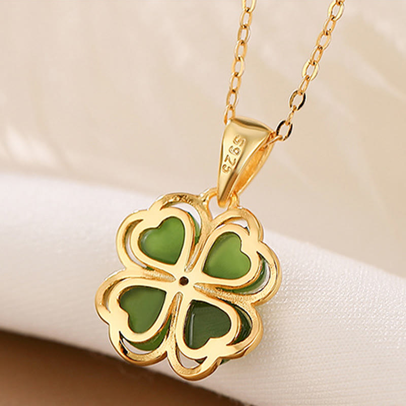 KarmaRipple's 925 Sterling Silver Hetian Cyan Jade Fortunate Four Leaf Clover Balancing Pendant Necklace p6