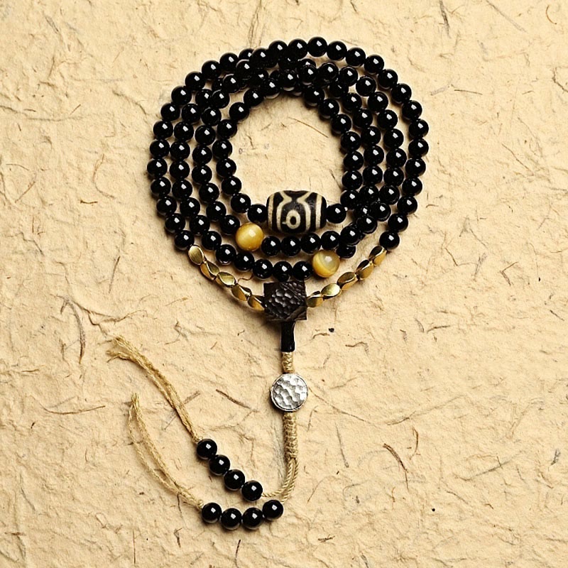 KarmaRipple's Tibetan 108 Mala Beadwork Black Onyx Three-eyed Dzi Beadwork Protection Bracelet p25
