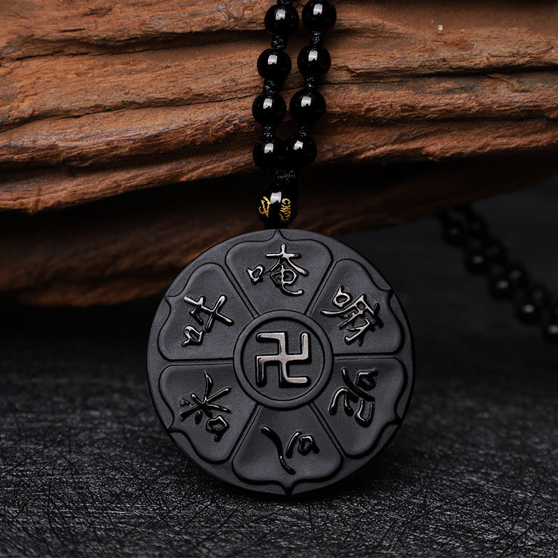KarmaRipple's Authentic Black Obsidian Tibetan Om Mani Padme Hum Buddha Swastika Fortune Pendant Necklace p5