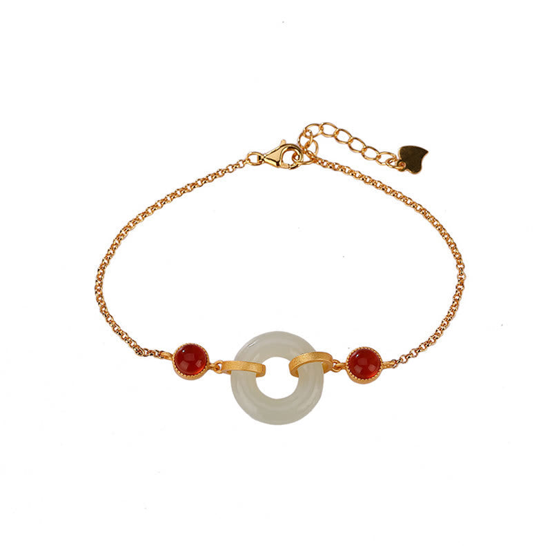 KarmaRipple's 925 Sterling Silver Plated Gold Authentic Hetian Jade Peace Buckle Red Agate Fortune Bracelet p7