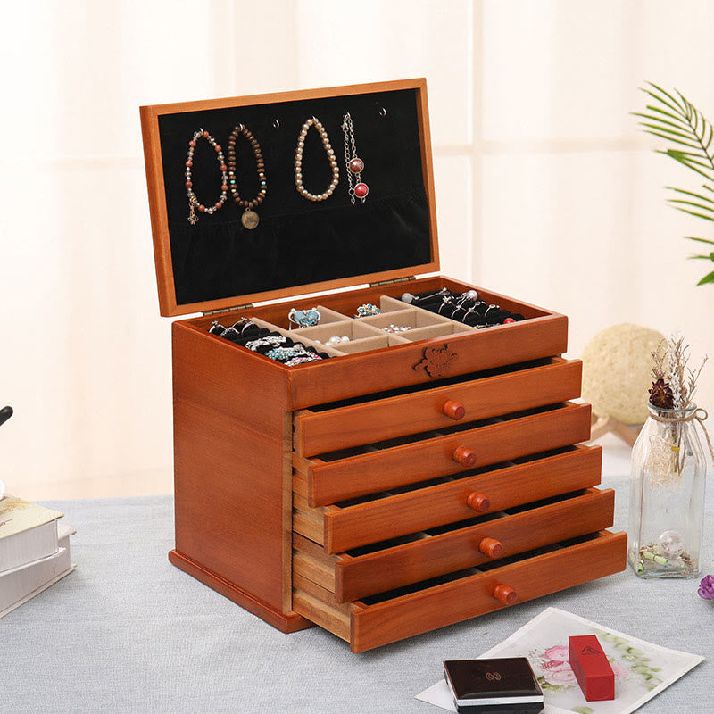 KarmaRipple's Large Capacity Vintage Flowers Carved Wooden Jewelry Box Six-Layer Jewelry Storage Box p20