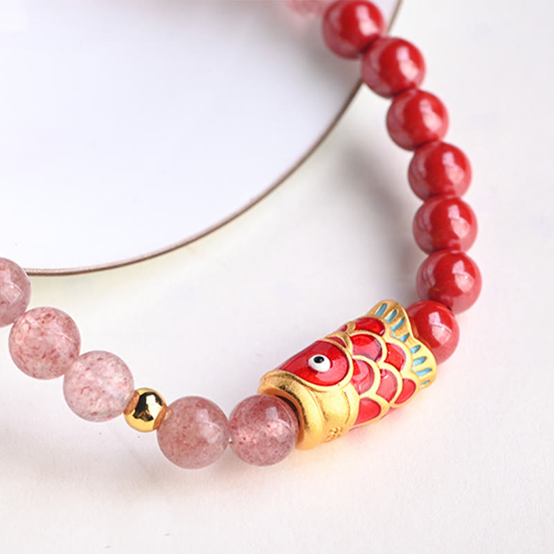KarmaRipple's Authentic Strawberry Quartz Cinnabar Fortunate Koi Fish Balancing Bracelet p7