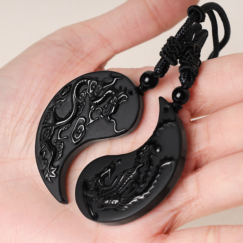 KarmaRipple's Black Obsidian Yin Yang Dragon Phoenix Fortune Pendant Necklace p4