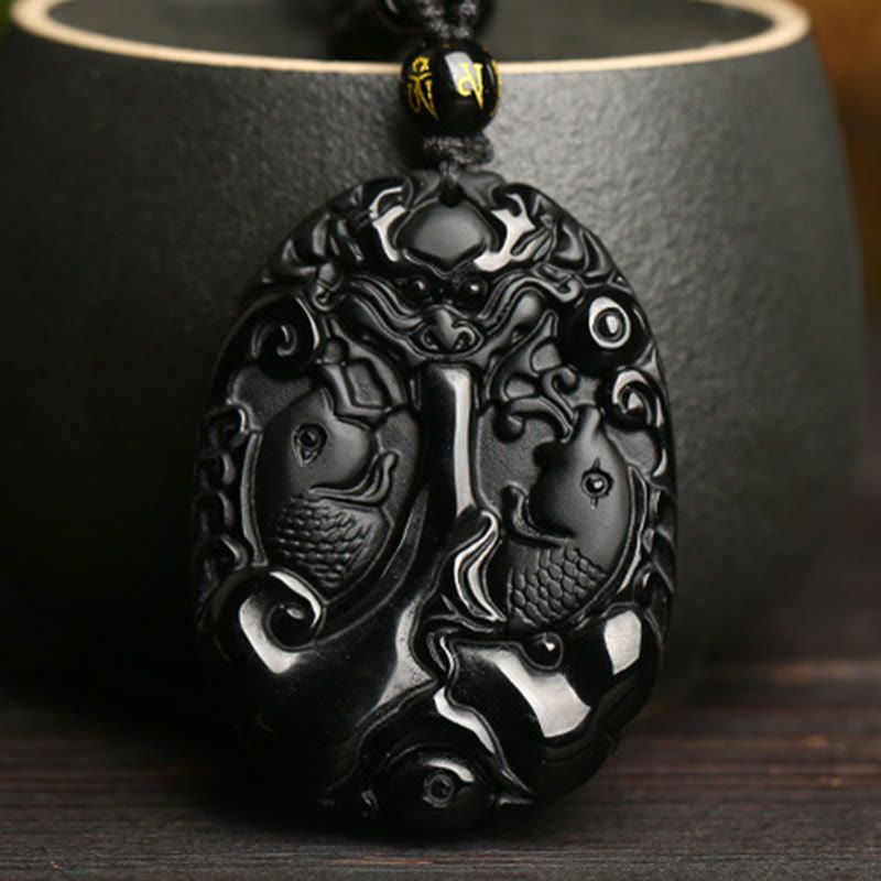 KarmaRipple's Black Obsidian Koi Fish Bead Rope Fulfilment Strength Pendant Necklace p2