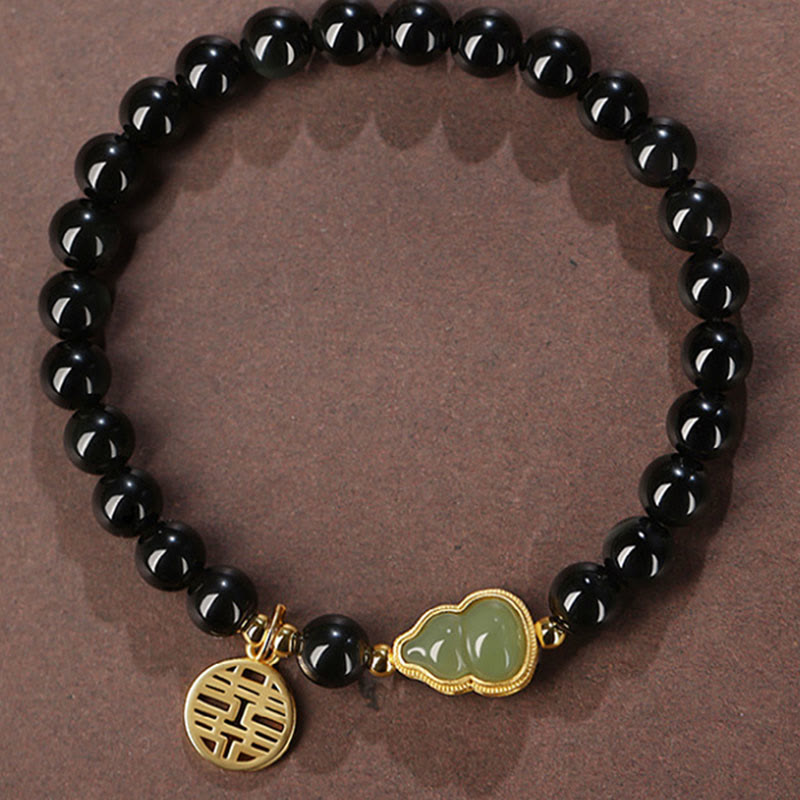 KarmaRipple's Authentic Black Obsidian Hetian Jade Gourd Double Happiness Strength Bracelet p9