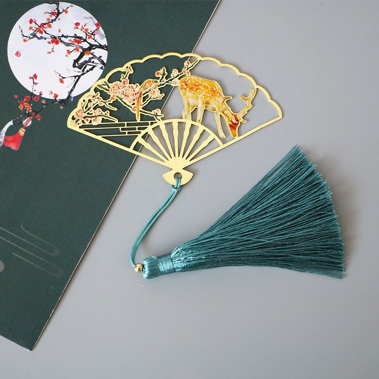 KarmaRipple's Traditional Butterfly Lotus Flower Crane Dragon Phoenix Fox Koi Fish New Beginning Metal Brass Hollow Fan Bookmarks p10