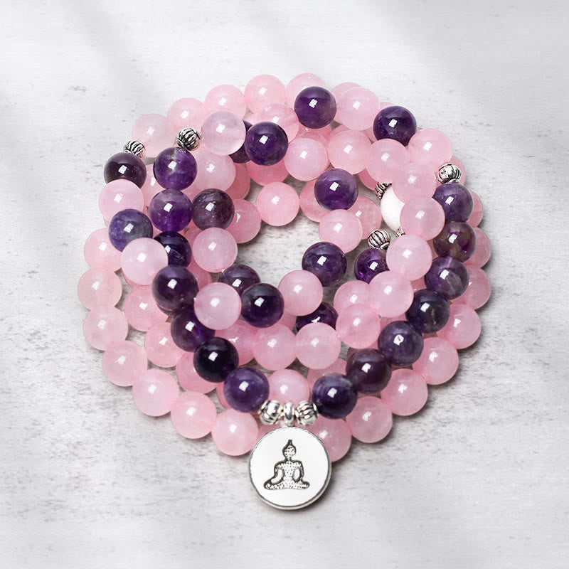 KarmaRipple's Authentic Rose Quartz & Amethyst Mala Bead Lotus Necklace Bracelet p15