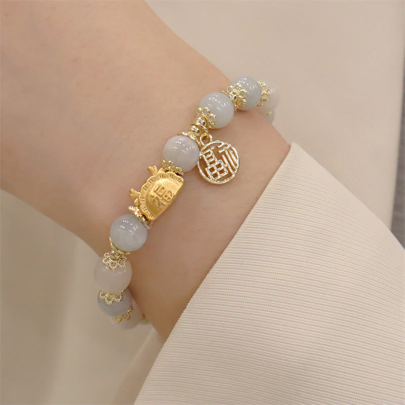 KarmaRipple's Year Of The Dragon Red Agate Strawberry Quartz Black Obsidian Jade Garnet Pearl Cinnabar Dumpling Dragon Fortune Fu Character Bracelet p24