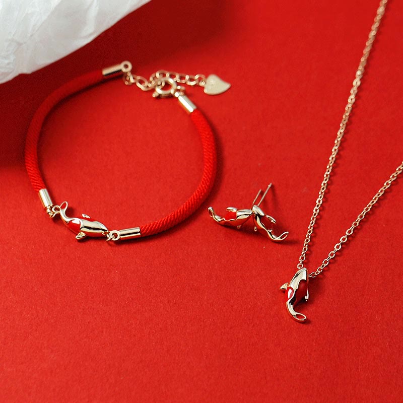 KarmaRipple's Bronze Koi Fish Wealth Pendant Necklace Red Rope Bracelet Earrings Set p1