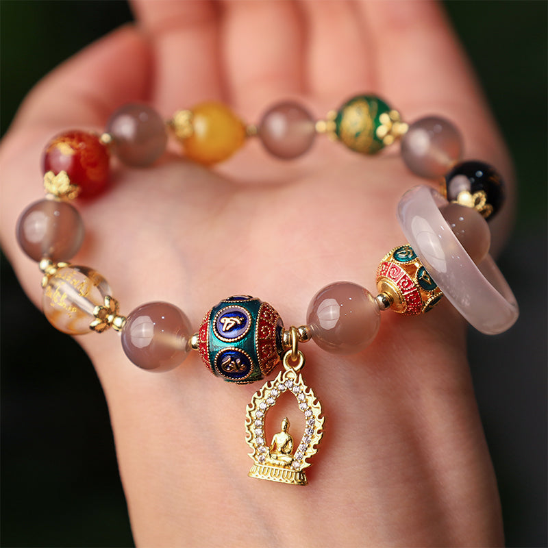 KarmaRipple's Authentic Gray Agate Five Directions Gods of Wealth Om Mani Padme Hum Buddha Talisman Bracelet p5