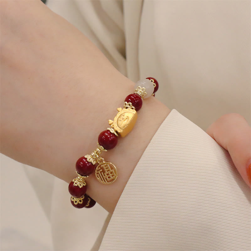 KarmaRipple's Year Of The Dragon Red Agate Strawberry Quartz Black Obsidian Jade Garnet Pearl Cinnabar Dumpling Dragon Fortune Fu Character Bracelet p35
