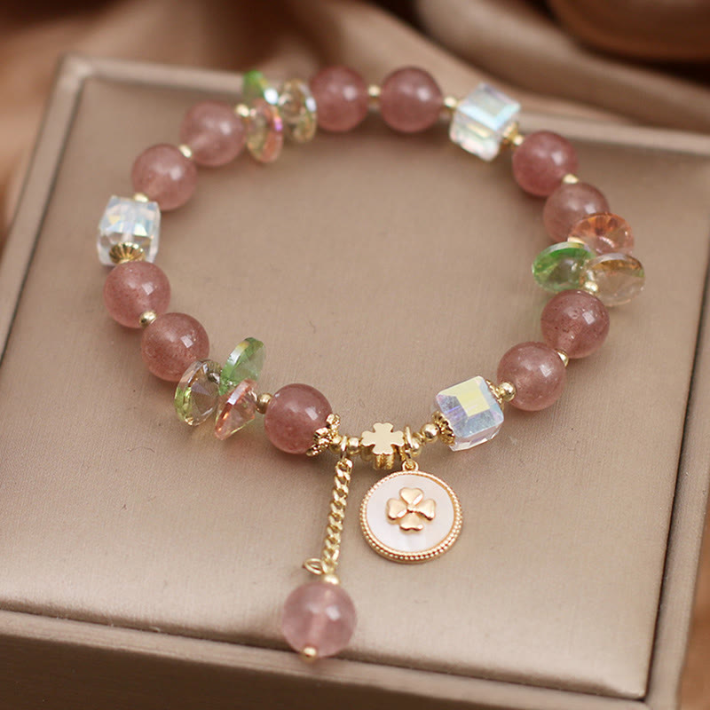 KarmaRipple's Strawberry Quartz Fortunate Four Leaf Clover Balancing Talisman Bracelet p8