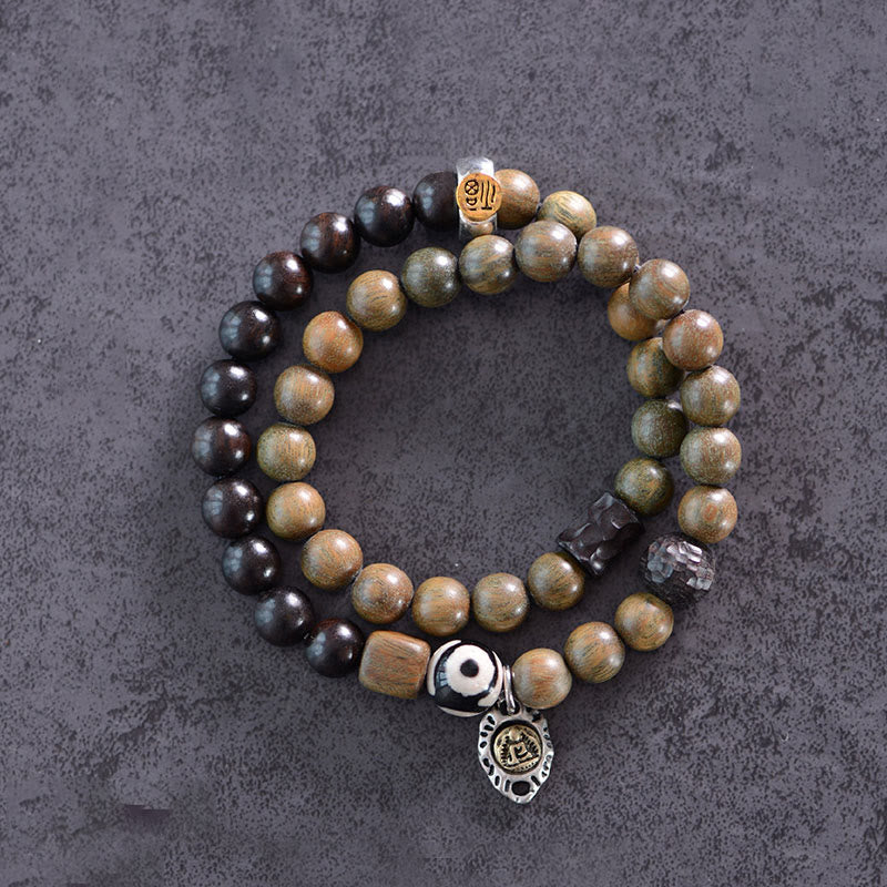 KarmaRipple's Tibetan Green Sandalwood Ebony Wood Three-eyed Dzi Bead Fu Character Balance Peace Double Wrap Bracelet p2