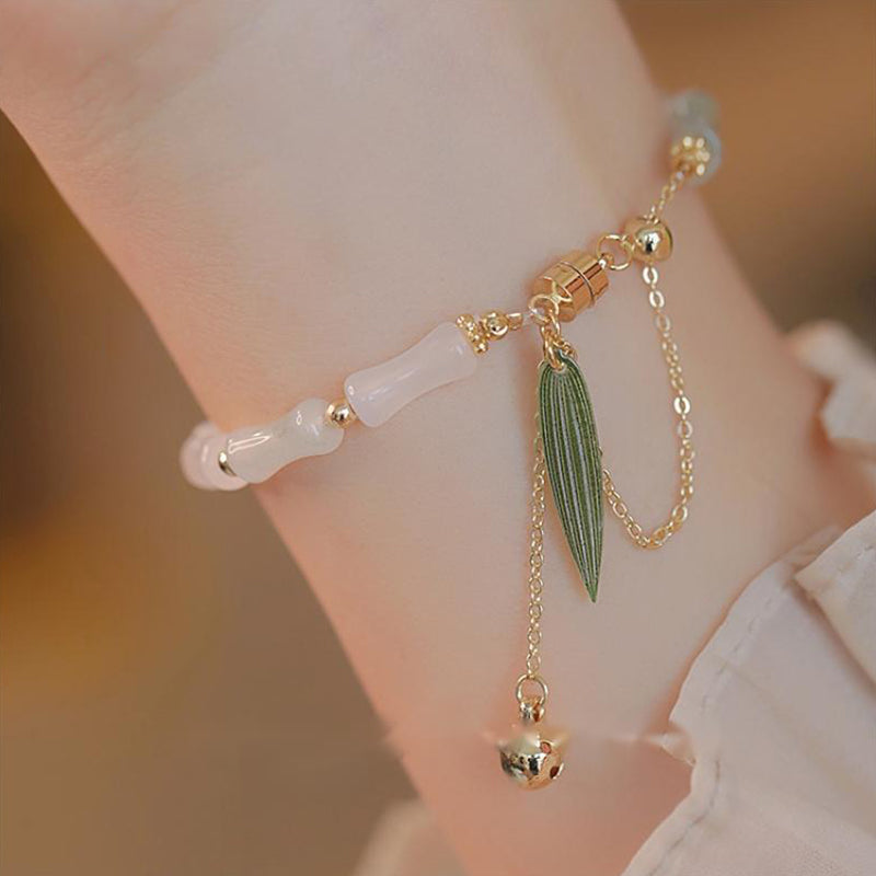 KarmaRipple's 14K Gold Plated Hetian Ivory Jade Bamboo Leaf Fortune Protection Bracelet p11